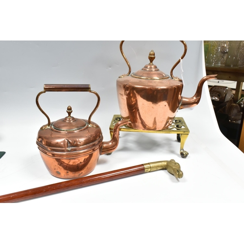 338 - TWO BOXES AND LOOSE COPPER AND METALWARE, to include two copper kettles, horse brasses, antler handl... 