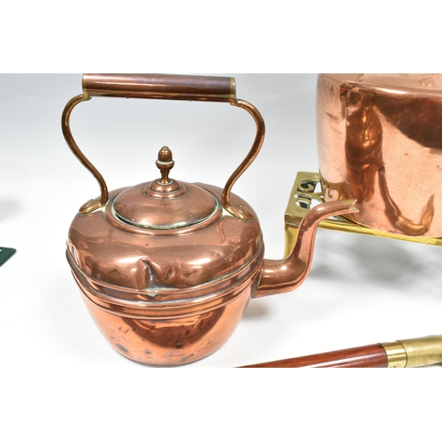 338 - TWO BOXES AND LOOSE COPPER AND METALWARE, to include two copper kettles, horse brasses, antler handl... 