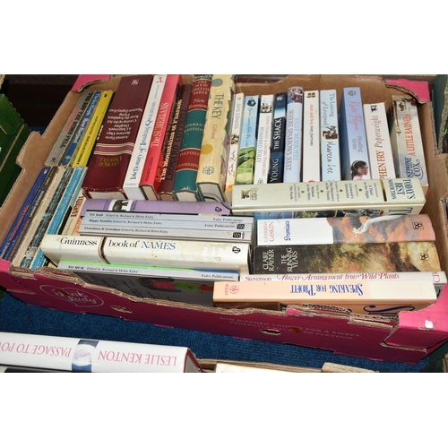 339 - SIX BOXES OF BOOKS, over one hundred and twenty books, subjects include gardening, art, romantic nov... 