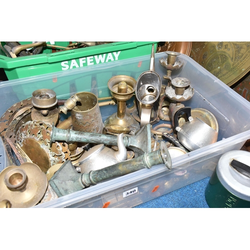 340 - TWO BOXES AND LOOSE BRASS AND METALWARE, to include a Middle Eastern brass circular table top/tray, ... 