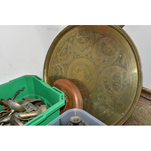 340 - TWO BOXES AND LOOSE BRASS AND METALWARE, to include a Middle Eastern brass circular table top/tray, ... 