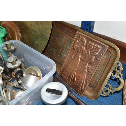 340 - TWO BOXES AND LOOSE BRASS AND METALWARE, to include a Middle Eastern brass circular table top/tray, ... 