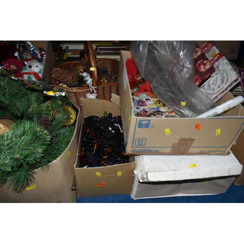 439 - NINE BOXES AND LOOSE CHRISTMAS DECORATIONS, to include Christmas tree lights, wreaths, packs of Chri... 