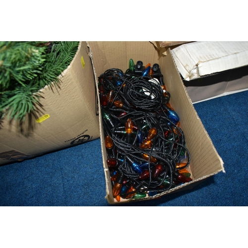 439 - NINE BOXES AND LOOSE CHRISTMAS DECORATIONS, to include Christmas tree lights, wreaths, packs of Chri... 