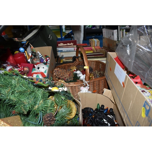 439 - NINE BOXES AND LOOSE CHRISTMAS DECORATIONS, to include Christmas tree lights, wreaths, packs of Chri... 