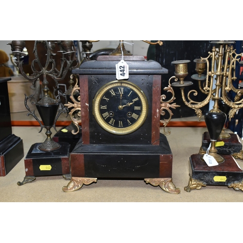 442 - TWO FRENCH GARNITURE SLATE CLOCKS to include a French black slate clock garniture with top finial an... 