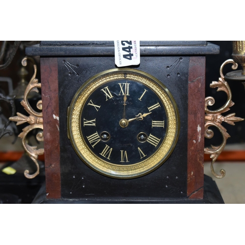 442 - TWO FRENCH GARNITURE SLATE CLOCKS to include a French black slate clock garniture with top finial an... 