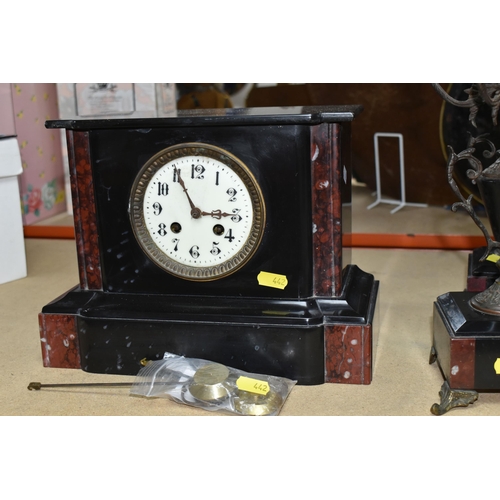 442 - TWO FRENCH GARNITURE SLATE CLOCKS to include a French black slate clock garniture with top finial an... 