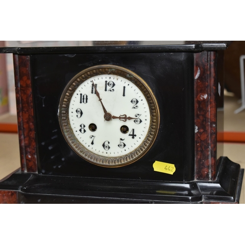 442 - TWO FRENCH GARNITURE SLATE CLOCKS to include a French black slate clock garniture with top finial an... 