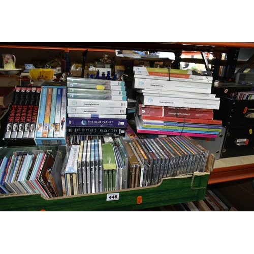 446 - TWO BOXES AND LOOSE CDS, WII GAMES, DVDs, VHS, SELF LEARNING MATERIALS to include approximately one ... 