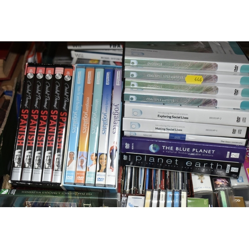 446 - TWO BOXES AND LOOSE CDS, WII GAMES, DVDs, VHS, SELF LEARNING MATERIALS to include approximately one ... 