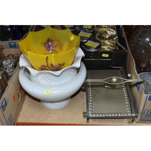 456 - SIX BOXES AND LOOSE GLASSWARE, including, two white frosted glass lamp shades and one amber with bir... 