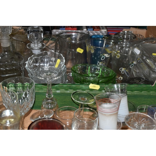 456 - SIX BOXES AND LOOSE GLASSWARE, including, two white frosted glass lamp shades and one amber with bir... 