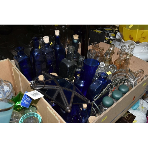 456 - SIX BOXES AND LOOSE GLASSWARE, including, two white frosted glass lamp shades and one amber with bir... 