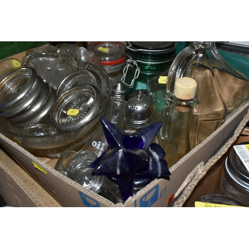 456 - SIX BOXES AND LOOSE GLASSWARE, including, two white frosted glass lamp shades and one amber with bir... 