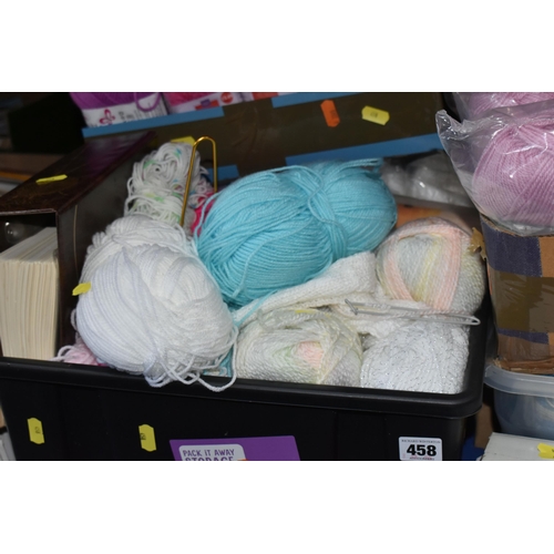 458 - SEVEN BOXES OF WOOL AND A SEW MINI SEWING MACHINE, approximately one hundred balls of wool in a vari... 