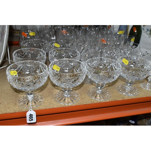 465 - A GROUP OF CUT GLASS, comprising a set of six Royal Doulton brandy glasses, five unmarked wine glass... 