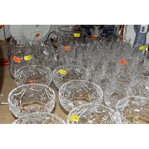 465 - A GROUP OF CUT GLASS, comprising a set of six Royal Doulton brandy glasses, five unmarked wine glass... 