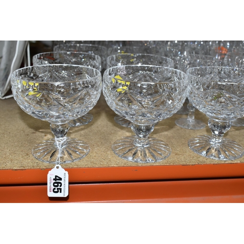 465 - A GROUP OF CUT GLASS, comprising a set of six Royal Doulton brandy glasses, five unmarked wine glass... 