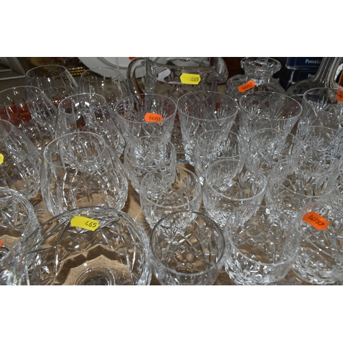 465 - A GROUP OF CUT GLASS, comprising a set of six Royal Doulton brandy glasses, five unmarked wine glass... 