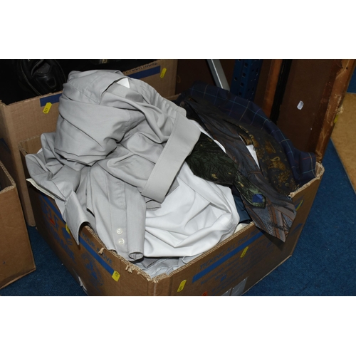 470 - FOUR BOXES AND LOOSE GENTLEMEN'S CLOTHING AND ACCESSORIES, to include neck ties, belts, shirts, suit... 