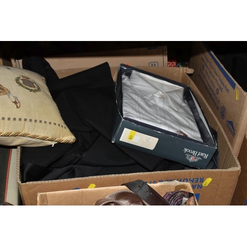 470 - FOUR BOXES AND LOOSE GENTLEMEN'S CLOTHING AND ACCESSORIES, to include neck ties, belts, shirts, suit... 