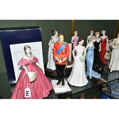 343 - TEN ROYAL FAMILY THEMED FIGURINES, comprising a boxed Royal Worcester limited edition 'Queen Elizabe... 