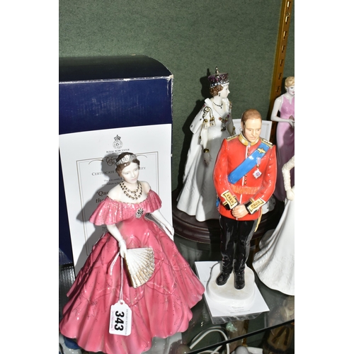 343 - TEN ROYAL FAMILY THEMED FIGURINES, comprising a boxed Royal Worcester limited edition 'Queen Elizabe... 