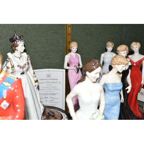 343 - TEN ROYAL FAMILY THEMED FIGURINES, comprising a boxed Royal Worcester limited edition 'Queen Elizabe... 