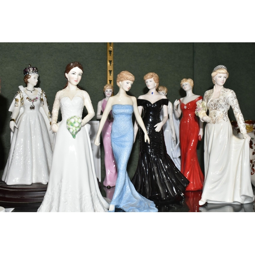 343 - TEN ROYAL FAMILY THEMED FIGURINES, comprising a boxed Royal Worcester limited edition 'Queen Elizabe... 