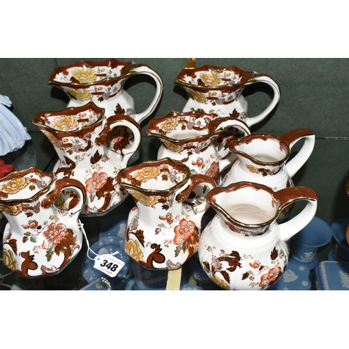 348 - EIGHT MASONS 'BROWN VELVET' JUGS, of different shapes and heights, tallest 15cm, shortest 11cm (8) (... 