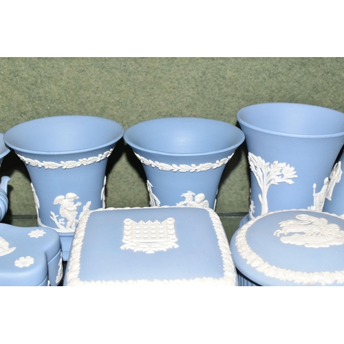 352 - A COLLECTION OF WEDGWOOD PALE BLUE JASPERWARE, over fifty pieces to include vases, tallest 13cm, tab... 