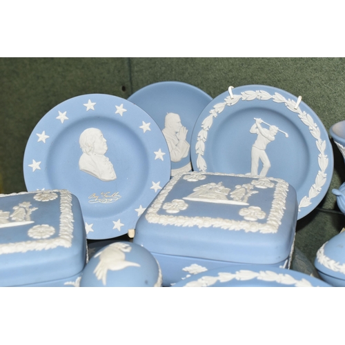 352 - A COLLECTION OF WEDGWOOD PALE BLUE JASPERWARE, over fifty pieces to include vases, tallest 13cm, tab... 