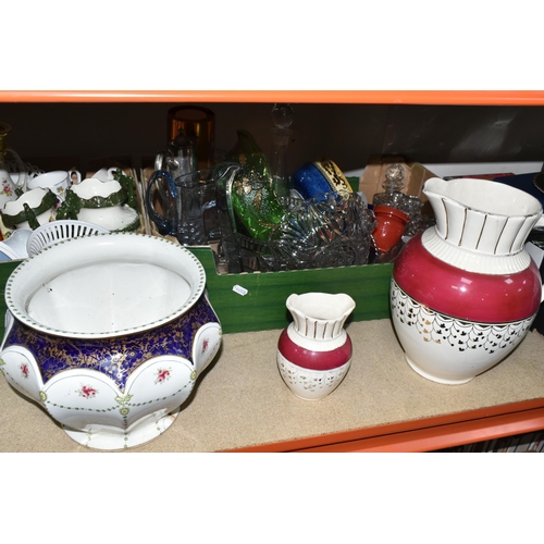 370 - THREE BOXES OF CERAMICS AND GLASSWARE, to include a Wedgwood & Co. porcelain planter (cracked and da... 