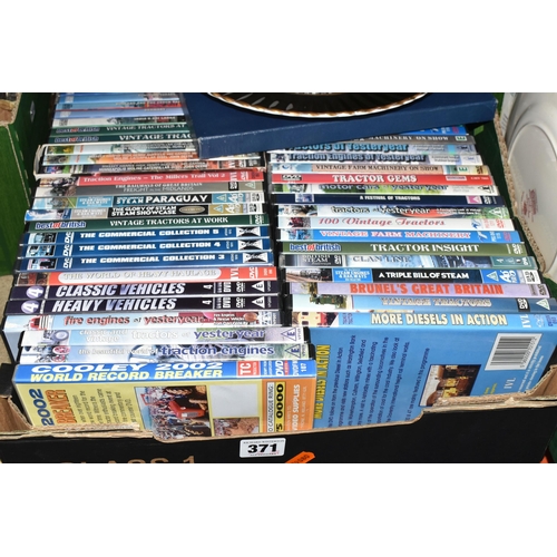 371 - THREE BOXES OF DVDS AND ORNAMENTS, to include approximately eighty DVDs, subjects are mainly farming... 