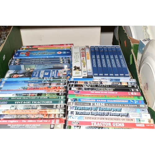 371 - THREE BOXES OF DVDS AND ORNAMENTS, to include approximately eighty DVDs, subjects are mainly farming... 