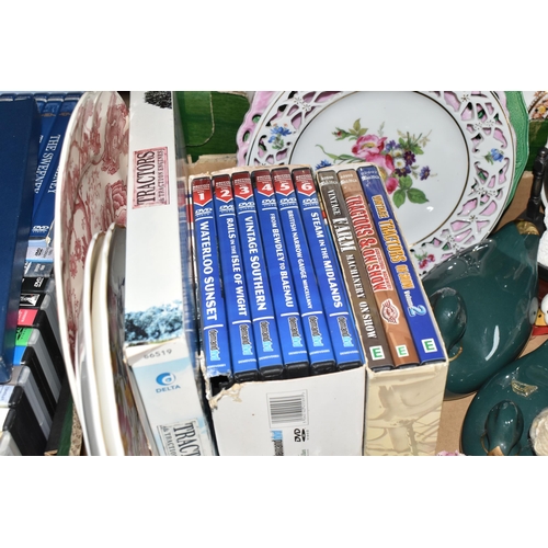 371 - THREE BOXES OF DVDS AND ORNAMENTS, to include approximately eighty DVDs, subjects are mainly farming... 