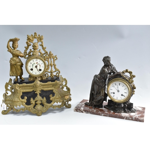 375 - TWO FRENCH MANTEL CLOCKS, comprising an eight day Ormolu clock with pendulum and key, height 39cm, t... 