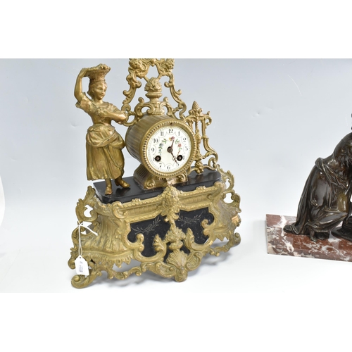 375 - TWO FRENCH MANTEL CLOCKS, comprising an eight day Ormolu clock with pendulum and key, height 39cm, t... 