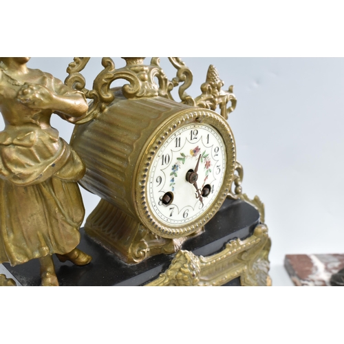 375 - TWO FRENCH MANTEL CLOCKS, comprising an eight day Ormolu clock with pendulum and key, height 39cm, t... 