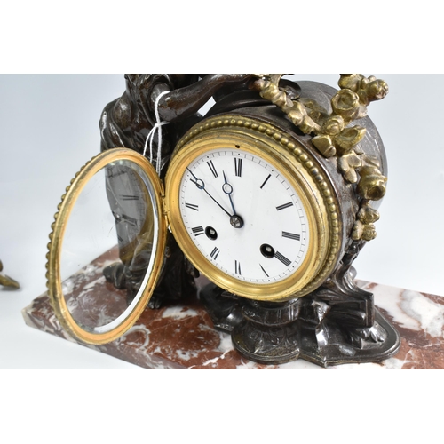 375 - TWO FRENCH MANTEL CLOCKS, comprising an eight day Ormolu clock with pendulum and key, height 39cm, t... 