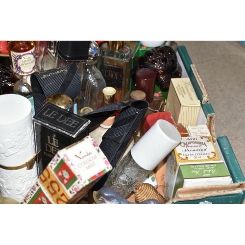 381 - TWO BOXES OF ASSORTED VINTAGE FRAGRANCE AND PERFUME BOTTLES, to include mostly empty bottles, maker'... 