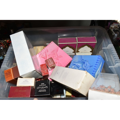 382 - TWO BOXES OF VINTAGE AVON FRAGRANCES, to include a large quantity of boxed and mostly unused Avon fr... 