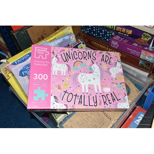 383 - TWO BOXES AND LOOSE VINTAGE BOARD GAMES AND JIGSAWS, to include 'Swirling Fun', 'Noah's Ark', Waddin... 