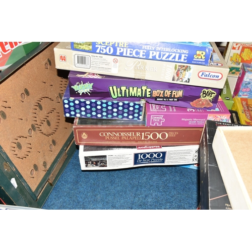 383 - TWO BOXES AND LOOSE VINTAGE BOARD GAMES AND JIGSAWS, to include 'Swirling Fun', 'Noah's Ark', Waddin... 