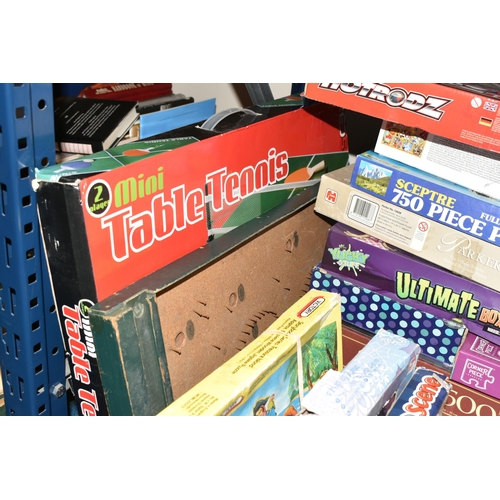 383 - TWO BOXES AND LOOSE VINTAGE BOARD GAMES AND JIGSAWS, to include 'Swirling Fun', 'Noah's Ark', Waddin... 