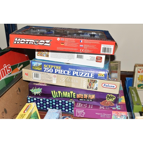 383 - TWO BOXES AND LOOSE VINTAGE BOARD GAMES AND JIGSAWS, to include 'Swirling Fun', 'Noah's Ark', Waddin... 