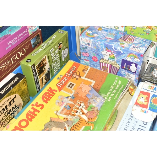 383 - TWO BOXES AND LOOSE VINTAGE BOARD GAMES AND JIGSAWS, to include 'Swirling Fun', 'Noah's Ark', Waddin... 