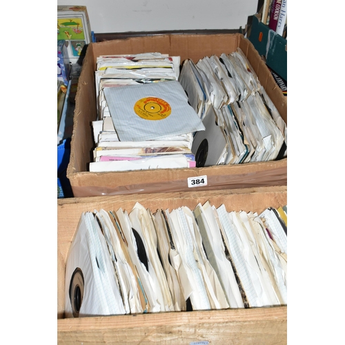 384 - TWO BOXES OF SINGLE 45RPM VINYL RECORDS, approximately three hundred single records, artists include... 