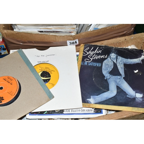 384 - TWO BOXES OF SINGLE 45RPM VINYL RECORDS, approximately three hundred single records, artists include... 